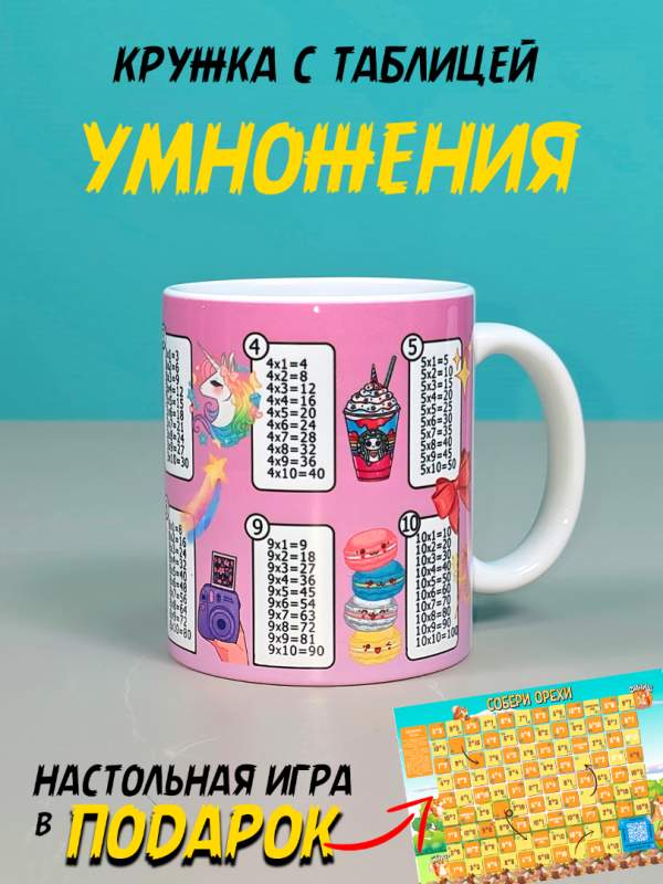 Кружка детская для девочек в школу и садик с таблицей умножения
