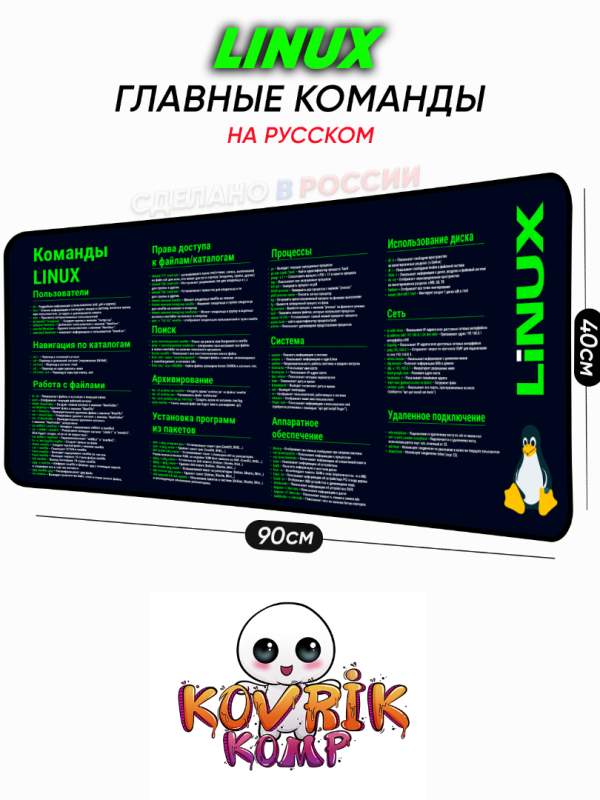 Коврик для мыши 90×40 см с командами Linux на русском языке